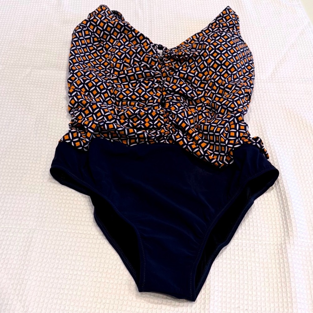 Gottex Profile Geometric Ruched One Piece Swimsuit Navy Orange White Size 10